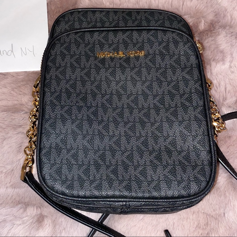 Michael Kors Monogram Black Crossbody Bag with Gold Accents